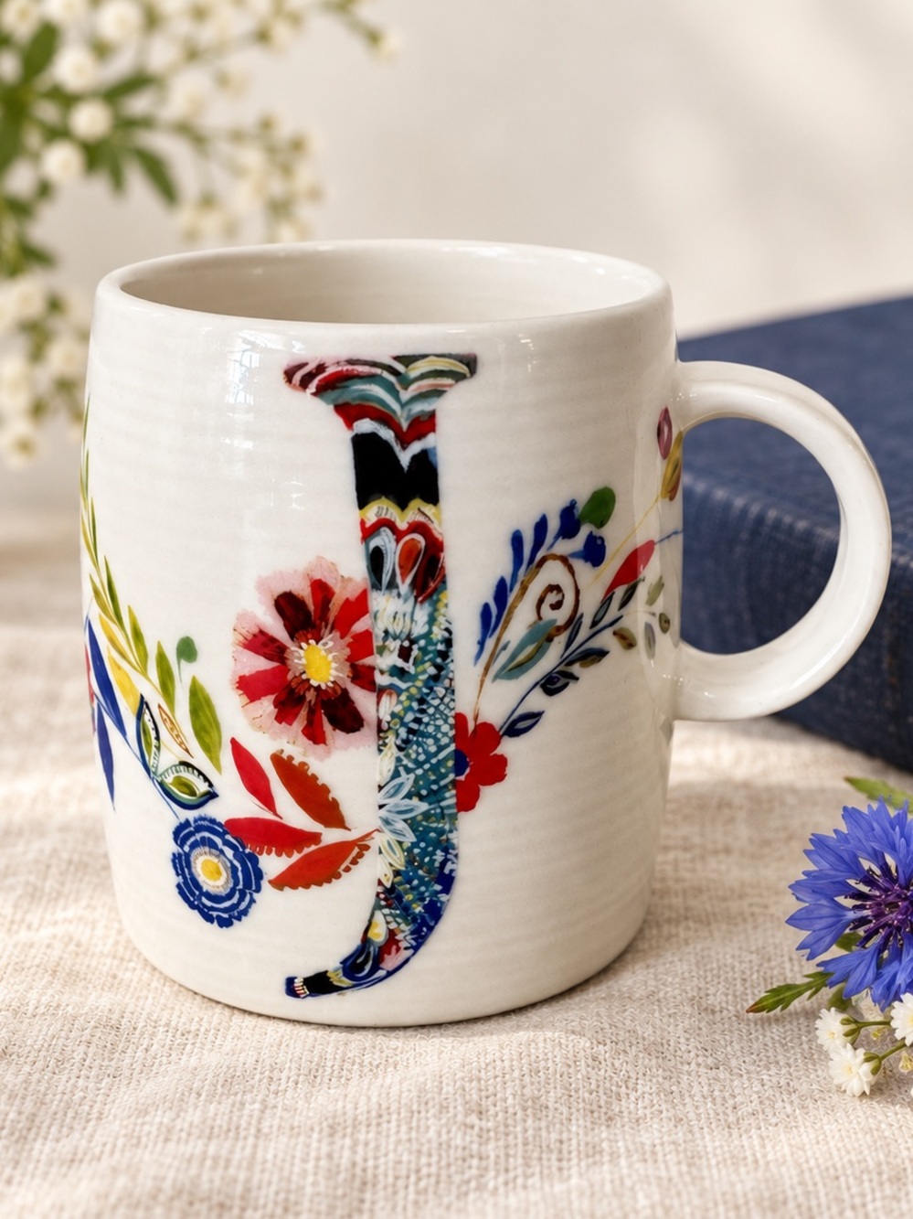 Anthropologie Starla Michelle Halfmann Floral Monogram Letter “J” Mug 14Oz